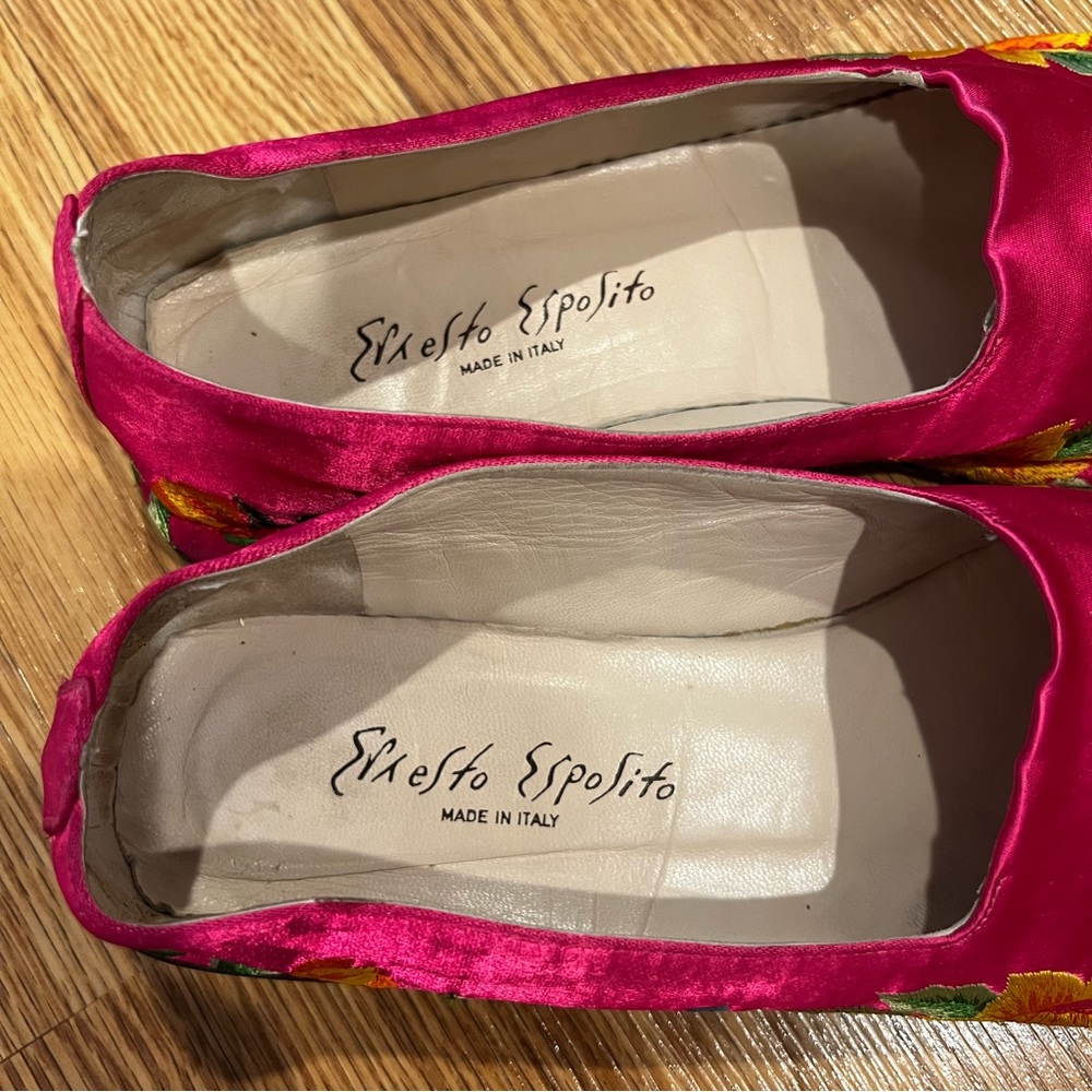 Ernesto Esposito Fuchsia Satin Floral‎ Embroidered Flats Made in Italy sz 38 - Picture 7 of 11